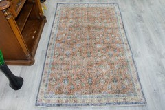 Minimalist Vintage Turkish Rug 3.6×6.3 ftRed Oriental Distressed Floral Wool Rug