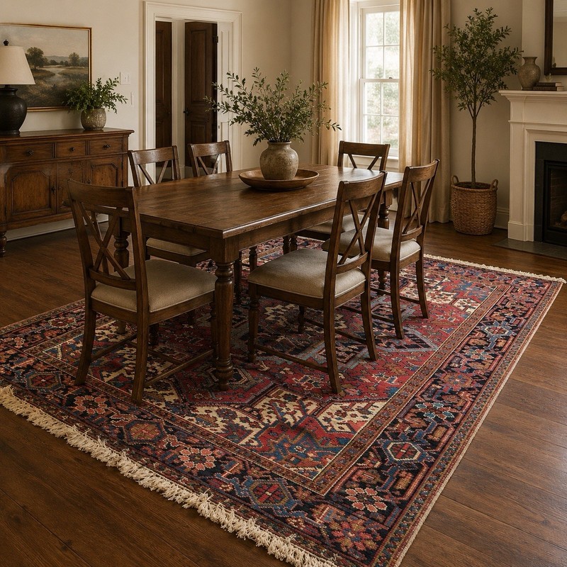 Vintage Heriz Handmade Wool Area Rug 8’6” x 6’7” Distressed Red Geometric Carpet gallery