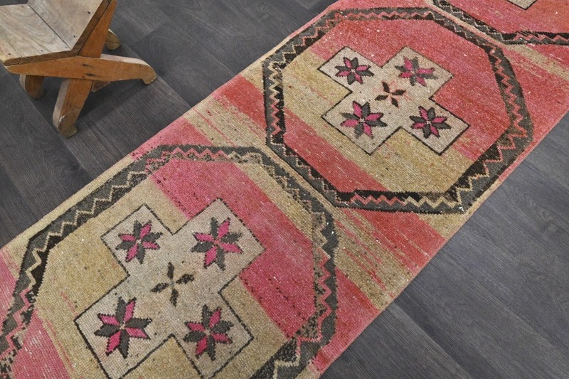 Vintage Turkish Runner Rug 2x10ft Wool Anatolian Handmade Hallway Oushak PINK gallery