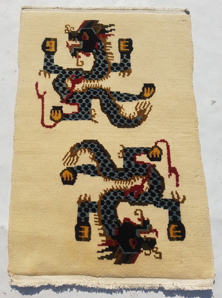 Vintage Handmade Chinese Tibetan Double Dragon Art Deco Wool Rug 89x63 cm