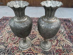 12×18 ANTIQUE LAVER KERMON HAND-KNOTTED CARPET, HISTORIC CARVED URNS, 2 SAMOVARS