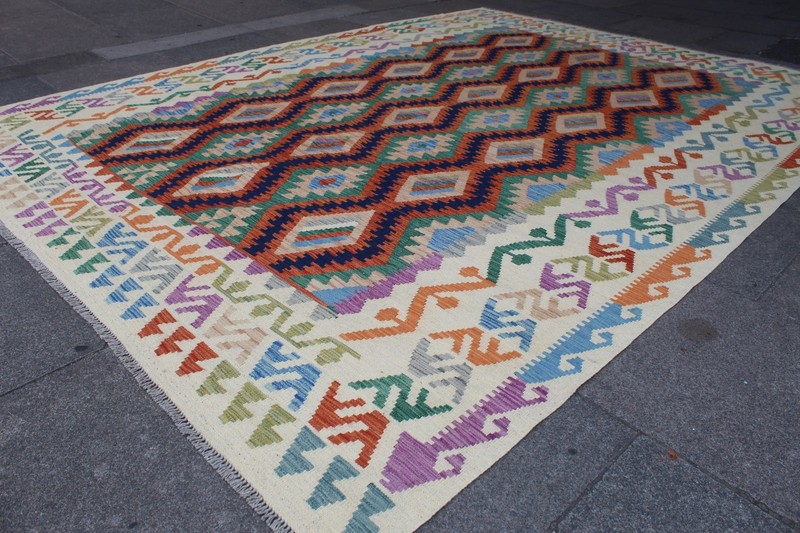 Kilim Vintage Traditional Hand Made Oriental White Wool Large Kilim 343x253cm gallery