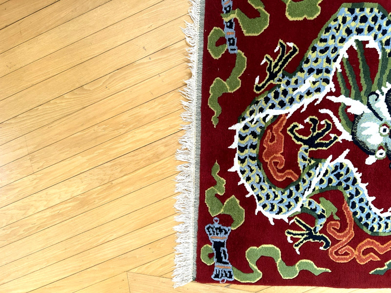 Gorgeous Vintage Antique Tibetan Double Dragon Hand Knotted Rug Wool gallery