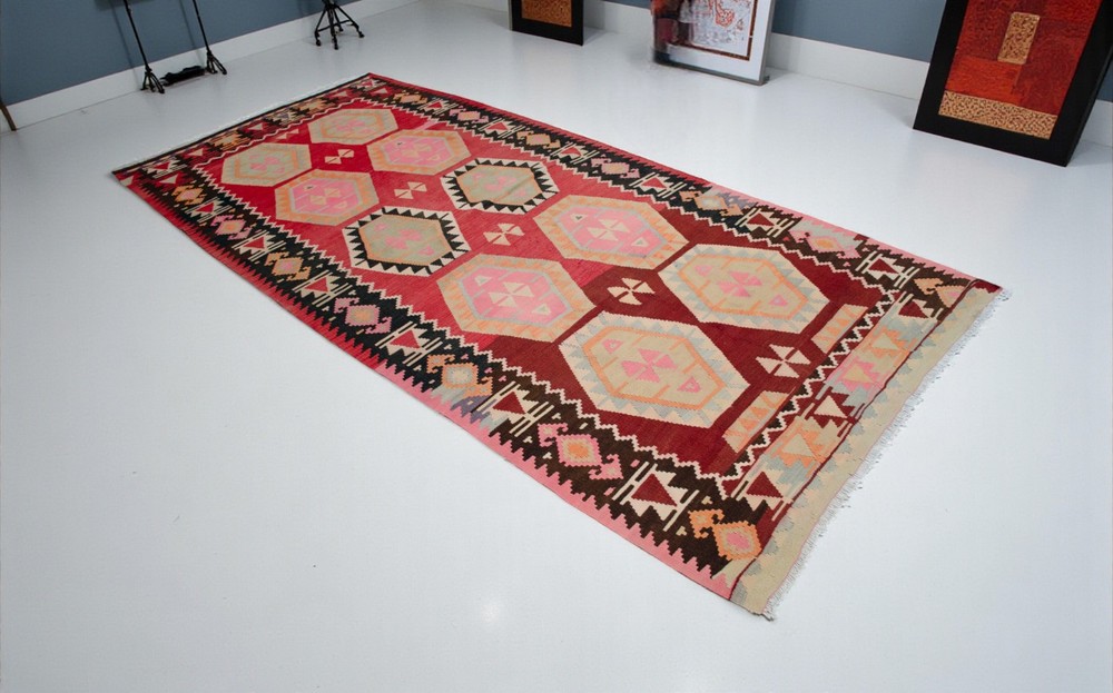 1960s Turkish Kilim Rug Handmade Wool Vintage Floor Art |Hand-Woven | 5x10 ft