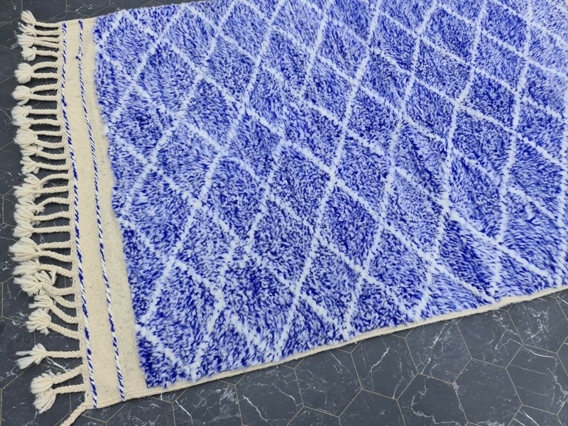 Moroccan Handmade Beni Ourain Rug 4'1"x6'2" Berber Geometric White Blue Carpet gallery