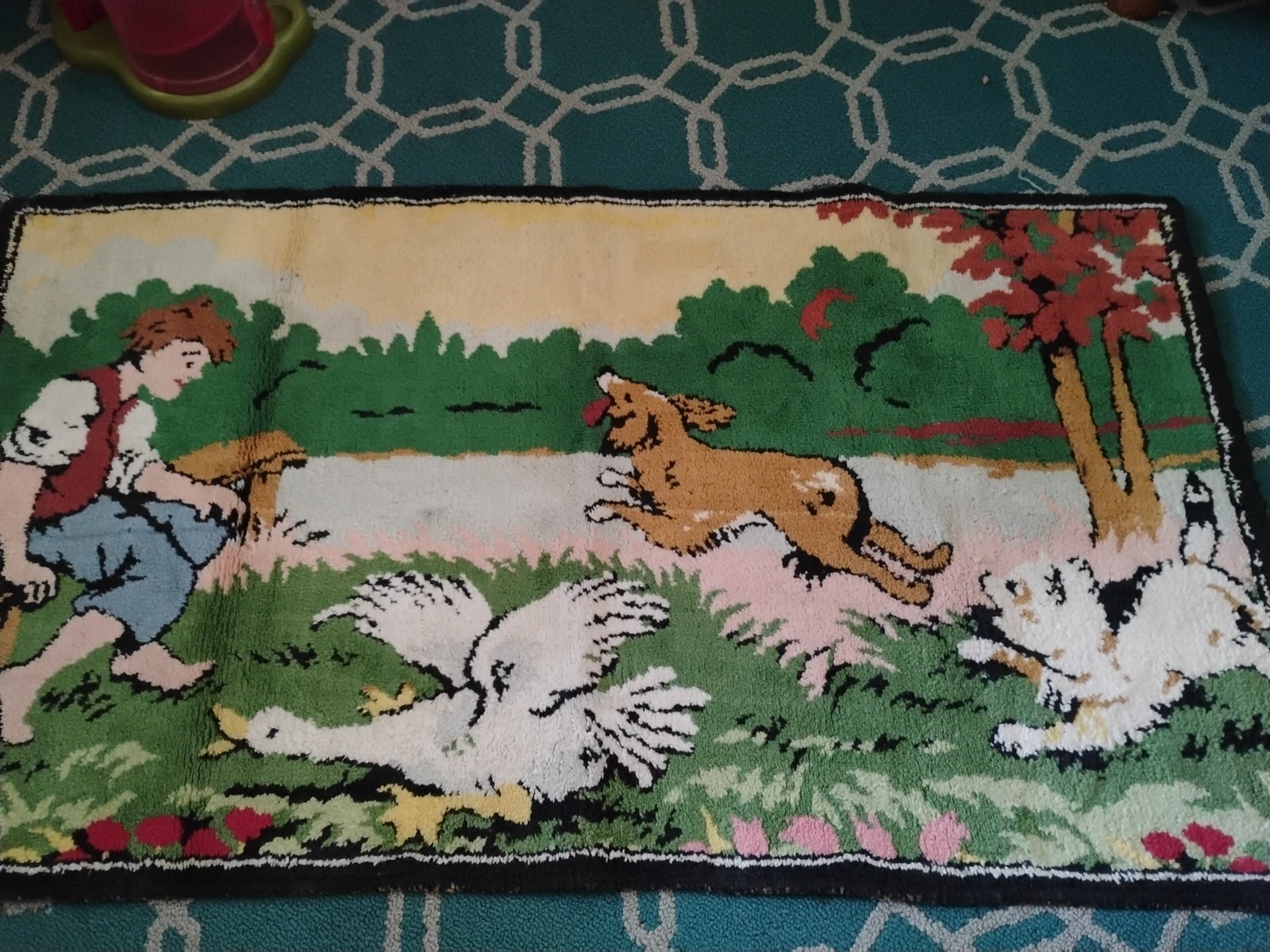 Vintage Tapestry Rug ( Boy, dog duck outdoor scene) 21 X 36 gallery