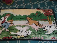 Vintage Tapestry Rug ( Boy, dog duck outdoor scene) 21 X 36