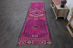 Vintage Turkish Runner Rug 3x11ft PINK Handmade Anatolian Oushak Hallway Wool