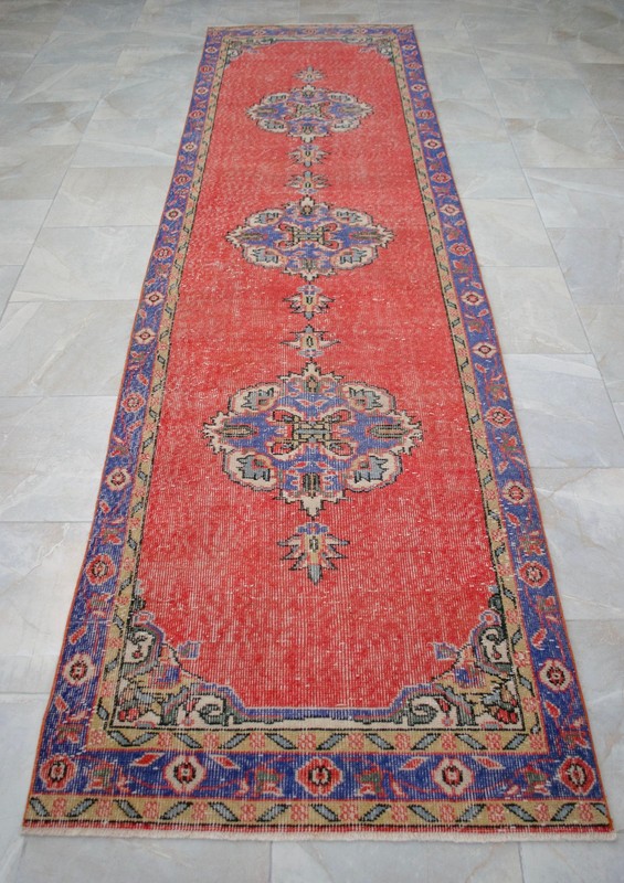 Vintage Turkish Runner Rug Hand-Knotted 1970s Oushak Distressed Low Pile 3x12 ft gallery