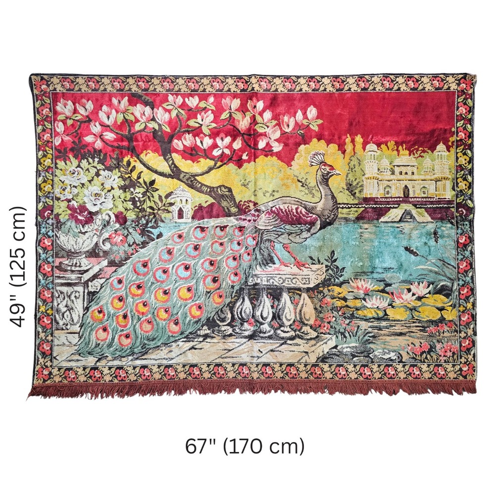 Vintage Peacock Pattern Velvet Tapestry Rug Pictorial Wall Hanging Sofa Cover