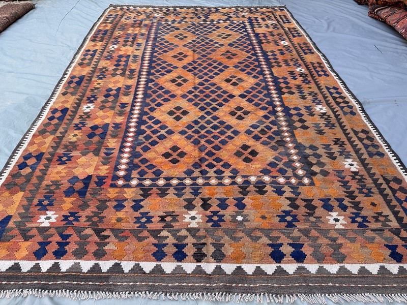 Terracotta Blue Faded Kilim Rug 6'4x9'9 Vintage Boho Tribal Flatweave Area Rug gallery