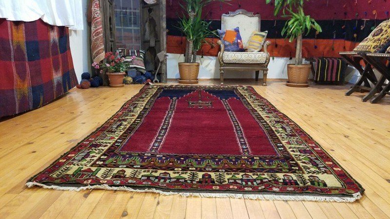 Stunning Vintage 1950-1960s Wool Pile Vegy Dye Prayer Rug 4’5”x9’ gallery