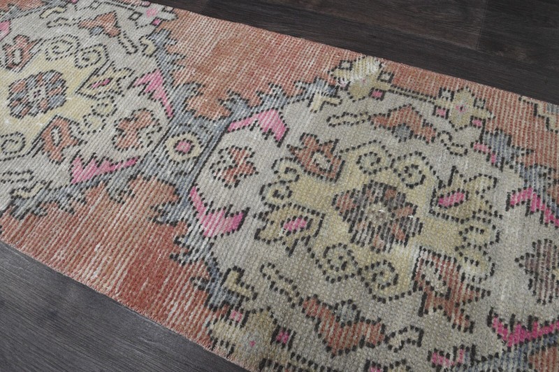 Vintage Turkish Runner Rug 2x7ft RED Handmade Anatolian Oushak Hallway Wool gallery