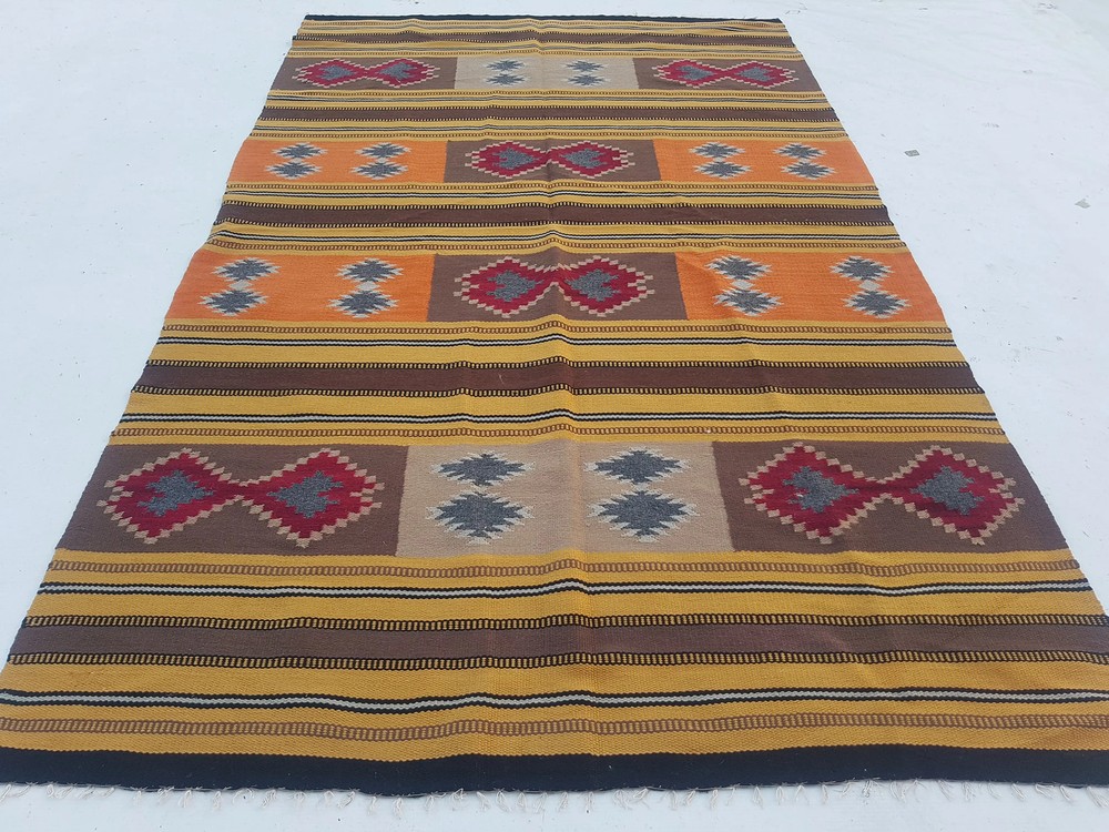 Vintage Traditional Handmade Turkish Wool Yellow Kilim 6x3.8ft