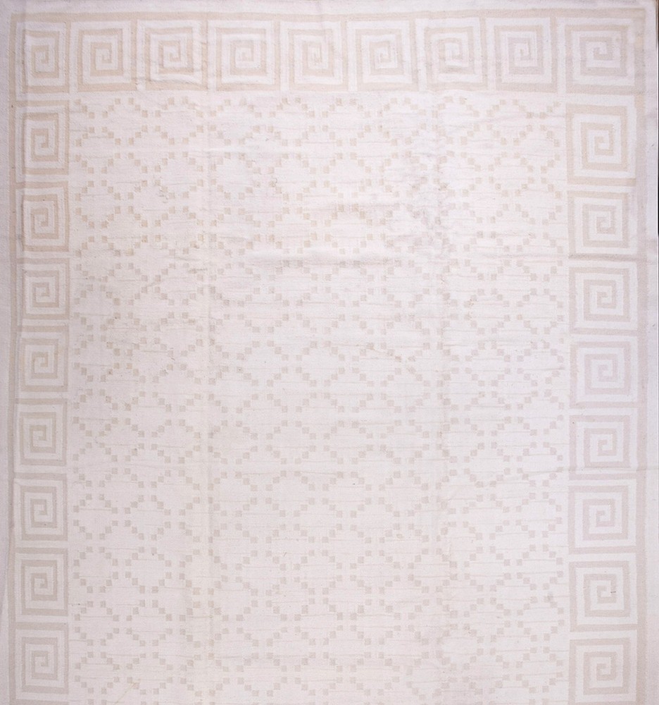 13X28 Vintage Indian Dhurries Beige Wool Area Rug 1960