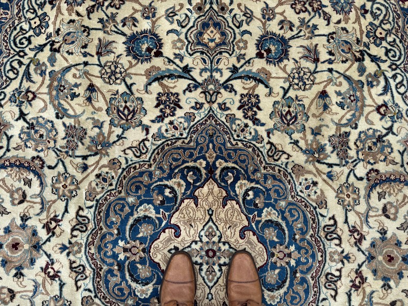ANTIQUE IVORY ORIENTAL RUG 7x12 HANDKNOTTED vintage blue fine big real handmade gallery