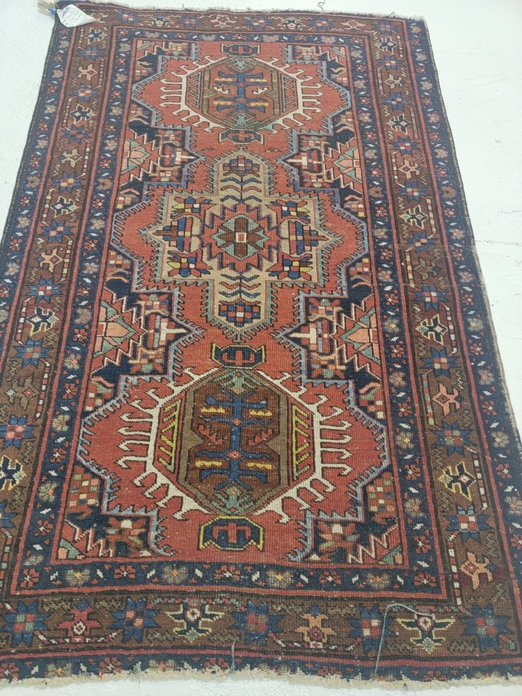 Antique Oriental Hand-Knotted Wool Area Rug Red/Blue/Ivory/Green 3' x 4'8"