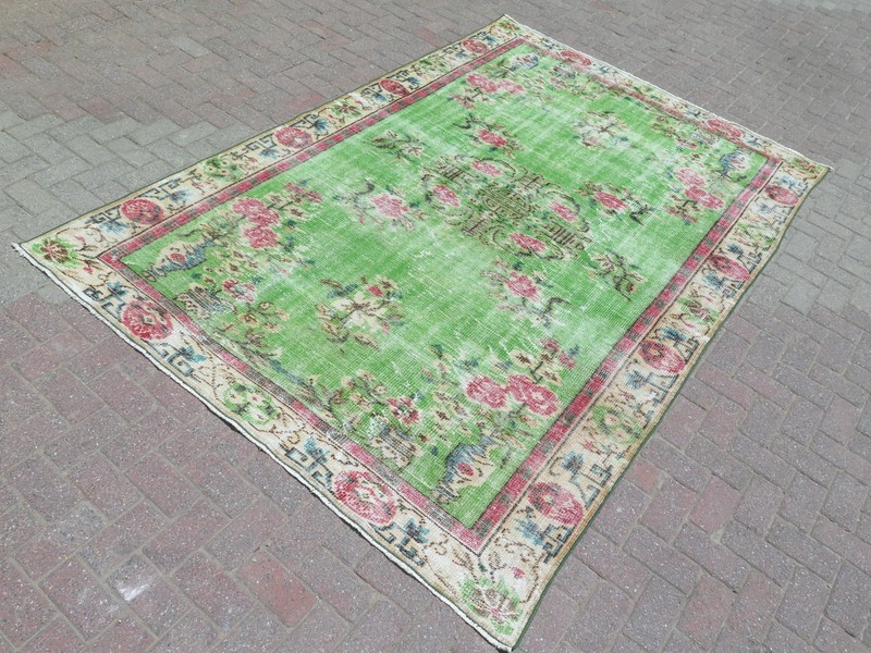 Vintage Turkish Handmade Carpet, Green Distressed Large Floor Boho Rug 75"x111" gallery