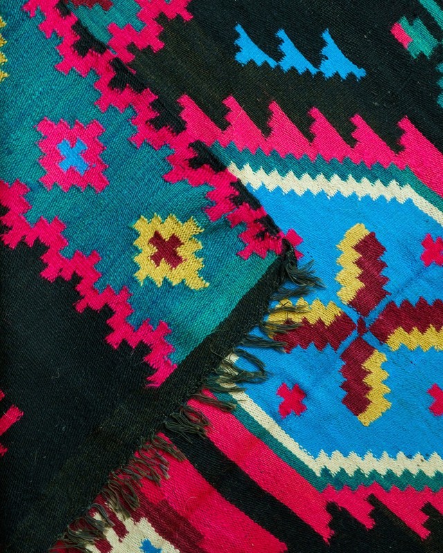 Romanian Transylvanian Runner Rug Handwoven Wool Geometric Pink Teal 1970s gallery