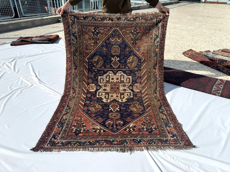 1920s Terracotta Muted Caucasian Red Rug 4x5 Blue Geometric Faded Persian Carpet gallery