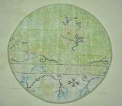 GreenFaded Turkish Vintage Round Rug, 2.4ft, Handmade Antique Round Rug,
