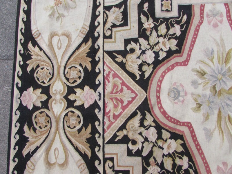 Vintage Hand Made French Design Wool Black Beige Original Aubusson 307X244cm gallery