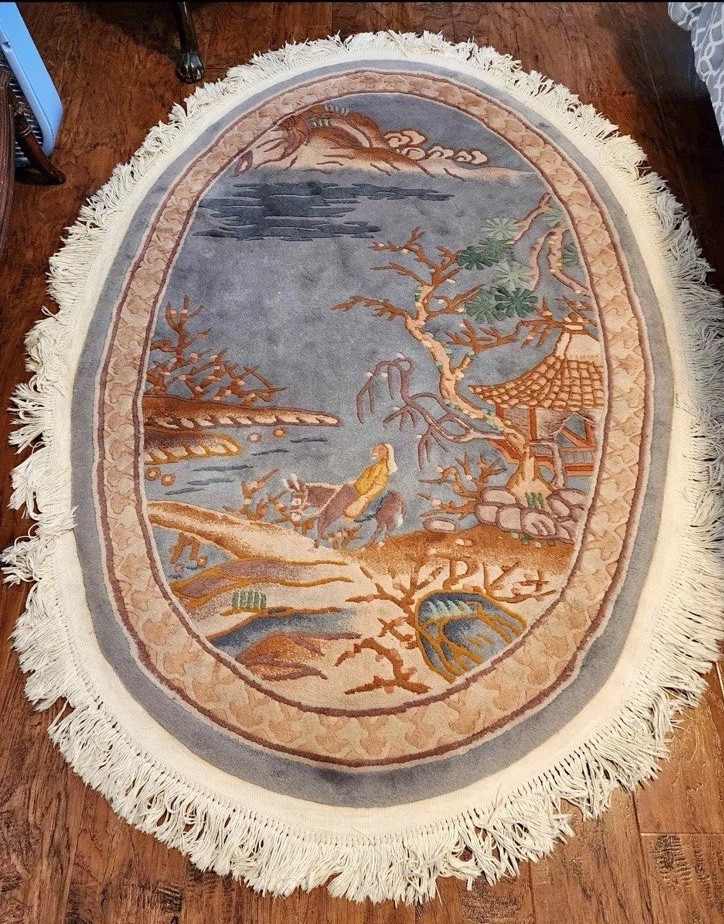1970's ART DECO CHINESE OVAL RUG 4ft X 6ft SCENERY DESIGN Blue SOFT WOOL Bonsai