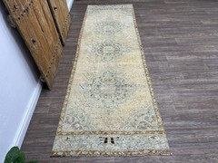 3×11 Neutral Turkish Runner Rug, Hand-Knotted Wool Beige Green Brown Runner Rug
