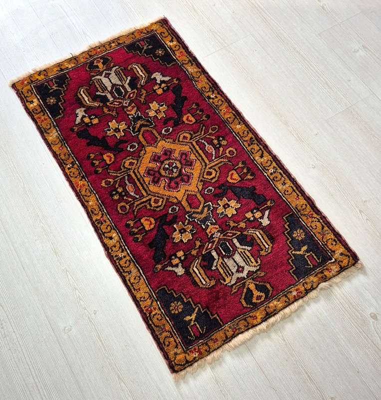 Antique Anatolian Hand-Knotted Small Rug, 22x38 in Turkish Tribal Wool Carpet gallery