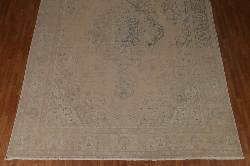 Vintage Muted Beige Distressed Tebriz Living Room Rug 10x13 Wool Hand-made Rug gallery