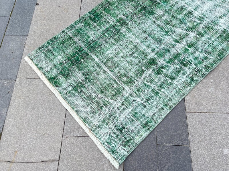 Vintage Turkish Overdyed Runner Rug 2.6x8.6 ft Green Hand Knotted Wool Rug gallery