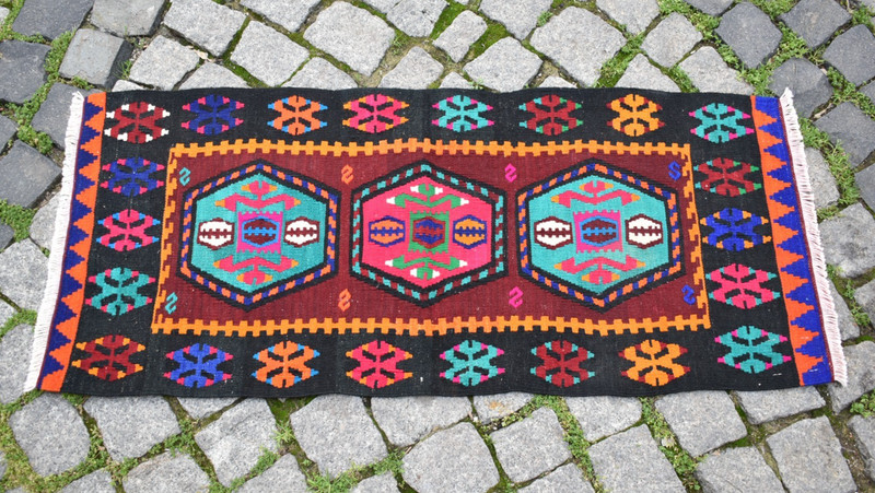 Vintage Turkish Rug 19'' x 43'' Anatolian Sivas Kilim Small Door Mat Wool Rug gallery