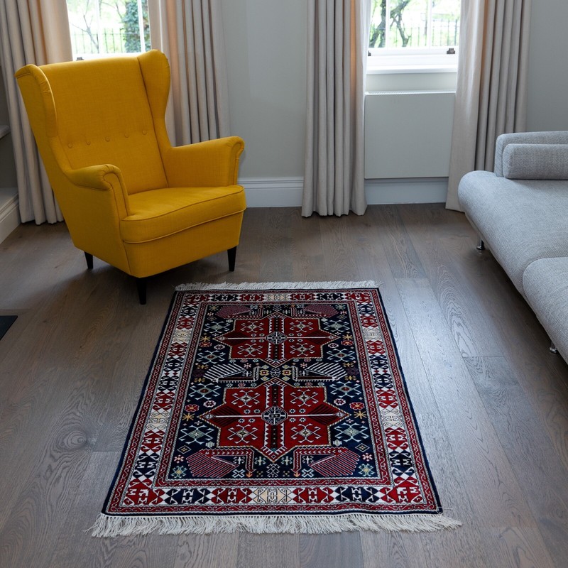 "Akstafa" Red on blue silk carpet gallery