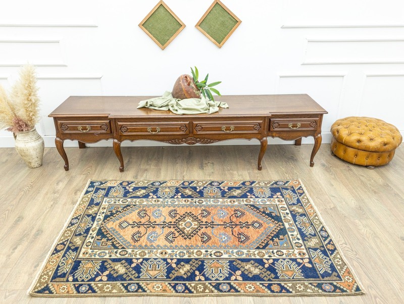 Vintage Turkish Oushak Rug 3.8x5.9 ft – Terracotta & Navy – Hand-Knotted Wool gallery