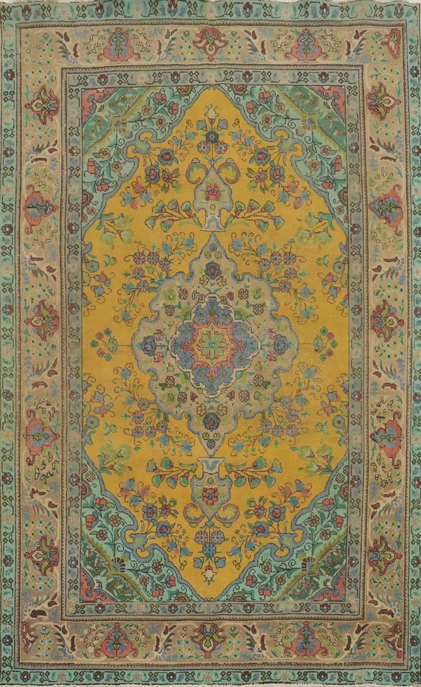 Traditional Wool Hand-knotted Room Size Rug Gold Over-Dyed Vintage Carpet 7x10