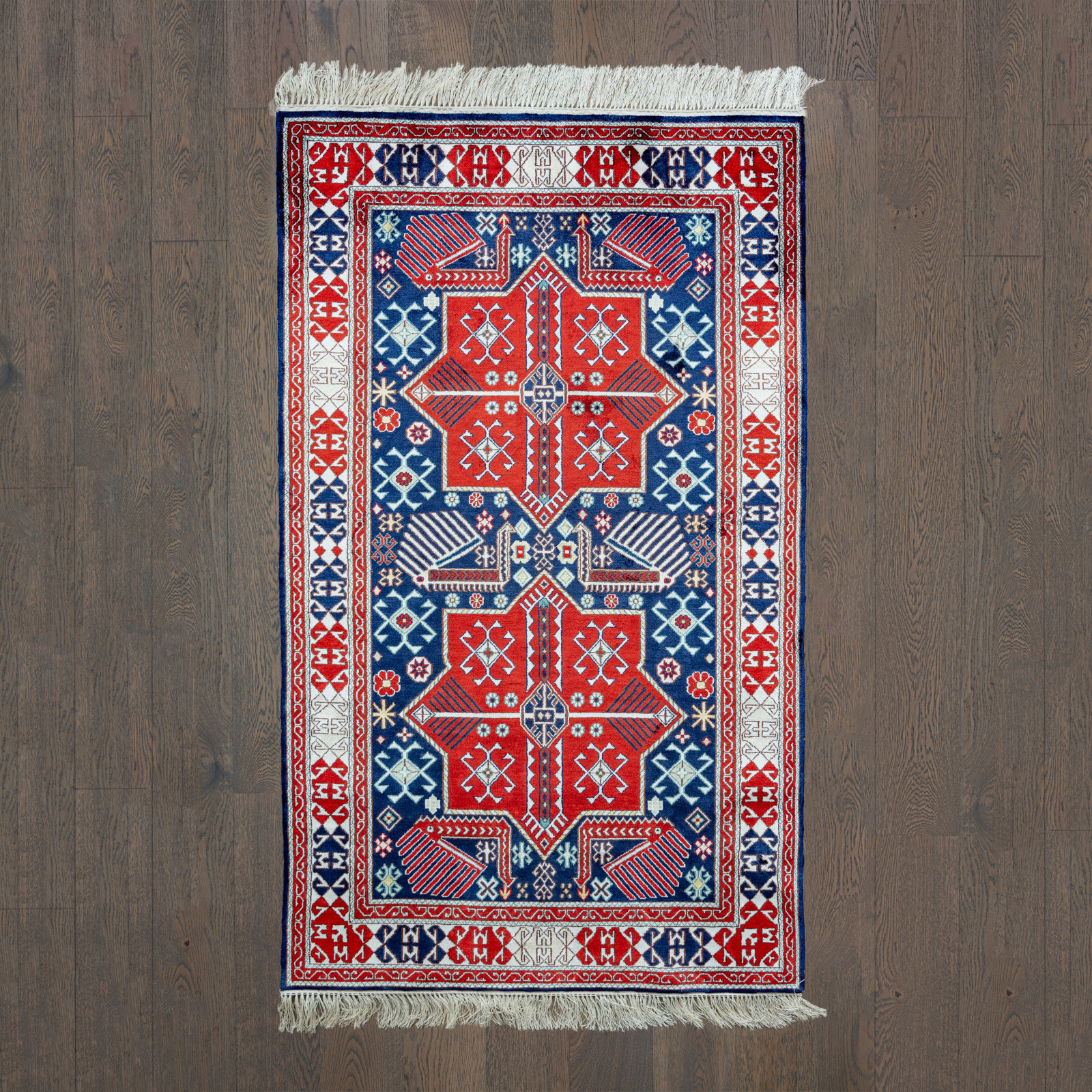 "Akstafa" Red on blue silk carpet gallery
