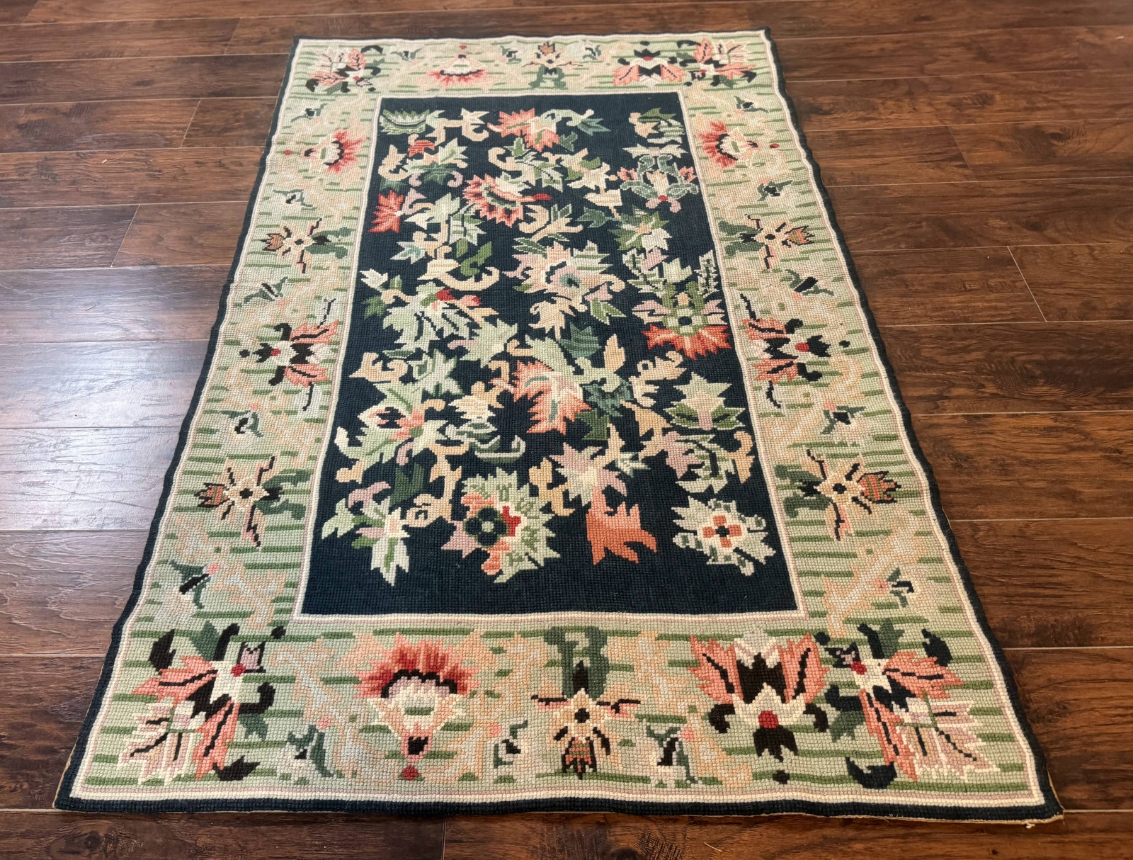 Vintage American Needlepoint Rug 4x6 Dark Green Wool Handmade Flatweave Carpet gallery