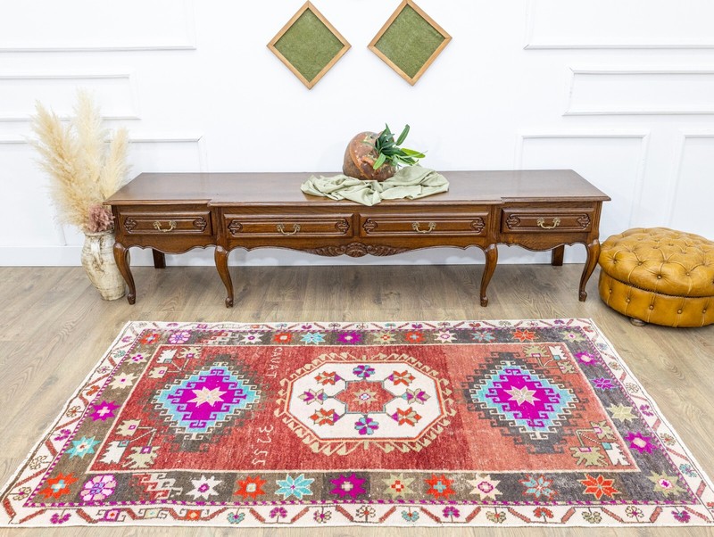 Vibrant Vintage Boho Chic Turkish Rug-Oushak Handmade Tribal Carpet-3.11x6.11 ft gallery