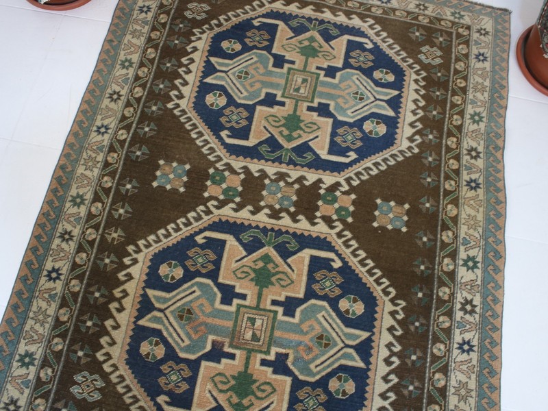 4x5 Turkish Handmade Area Rug Brown Blue Oriental Wool Rug 4.1x5.3 ft gallery