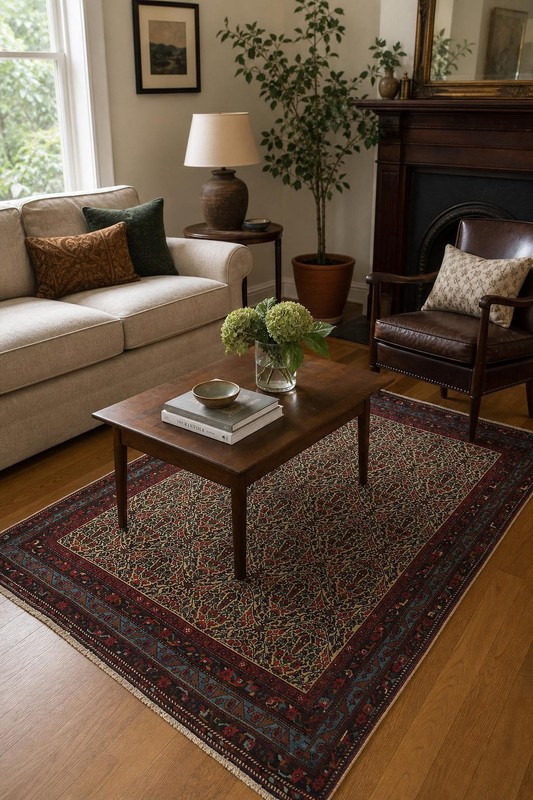 Historic 5x6 Handwoven Wool Rug in Traditional Floral Design and Rich Earth-Tone gallery