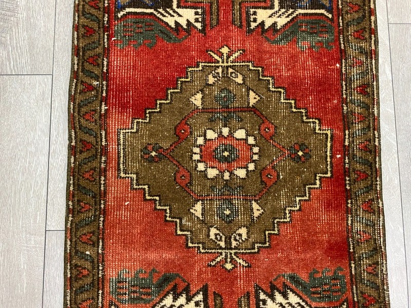 Vintage Turkish Tribal Rug 1.7x3.3 Ft Red Handwoven Anatolian Small Carpet gallery