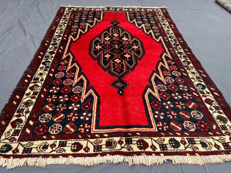 4'4x6'7 ft Caucasian Serrated Diamond Medallion Handknotted Wool Vintage Rug gallery