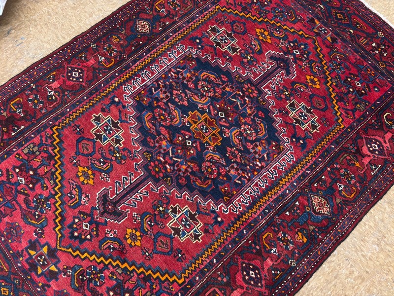 Vintage Zanjan Oriental Tribal Wool Area Rug Hand Knotted Geometric 4x6 Red Blue gallery