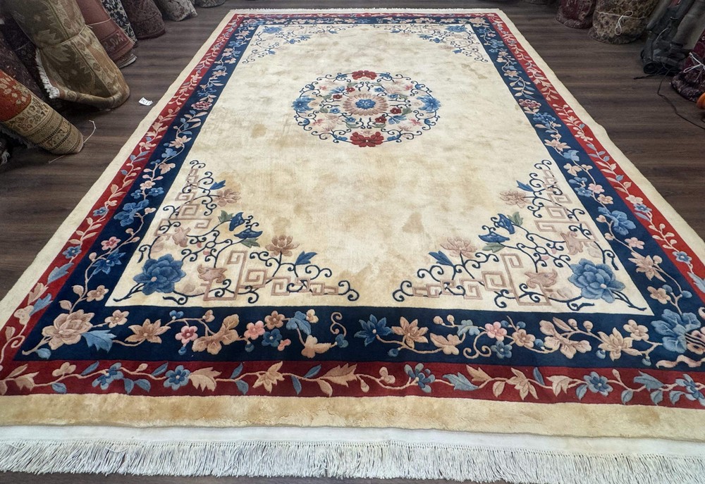Chinese Rug 10x14 – Cream and Navy, 90 Line Vintage Wool Carpet