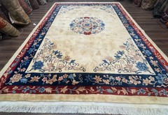 Chinese Rug 10×14 – Cream and Navy, 90 Line Vintage Wool Carpet