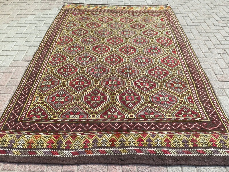 Area Rugs, Wool Rug, Boho Rug, Embroidery Rug, Vintage Turkish Kilim 74"x112" gallery