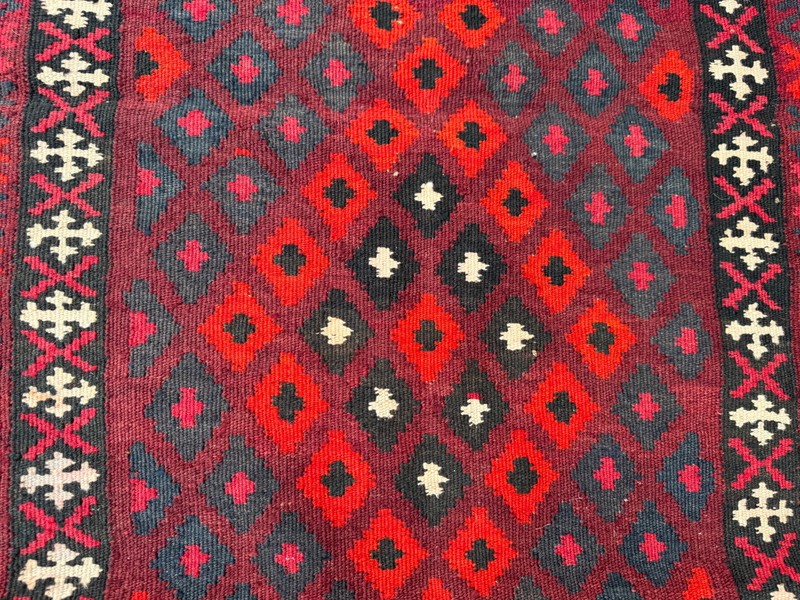 Vintage Afghan Ghelmori Kilim Rug, Handwoven Tribal Red Black Geometric Rug gallery