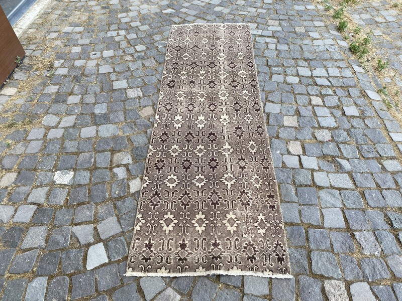 Vintage Oushak Runner Rug, Hand-Knotted Wool, Brown Taupe Neutral Hallway Runner gallery
