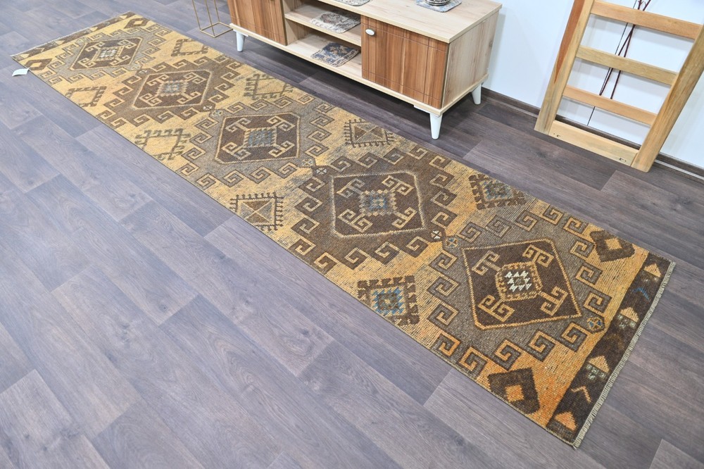 Vintage Turkish Runner Rug 3x11ft YELLOW Handmade Anatolian Oushak Hallway Wool