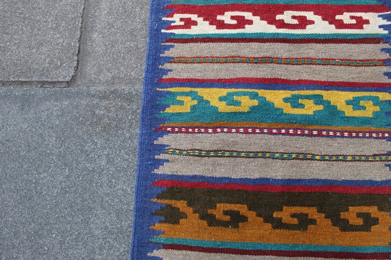Vintage Traditional Hand Made Oriental Wool Blue Brown Small Kilim 98x63cm gallery